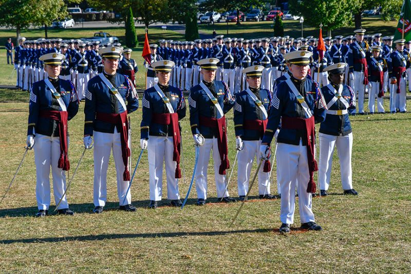 The regimental staff forms up in front of the regiment during a parade.