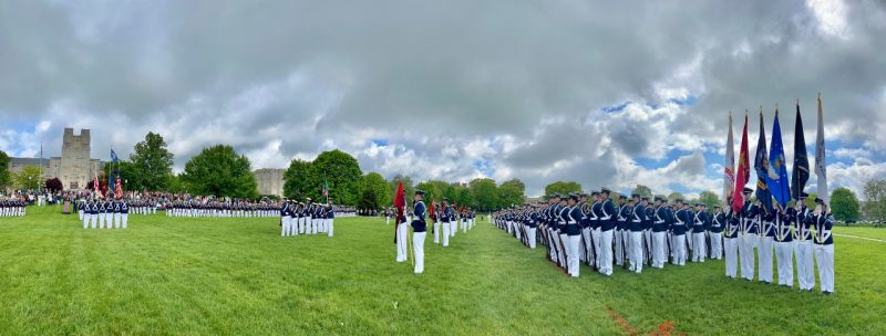 The regiment stands in formation on the Drillfield.