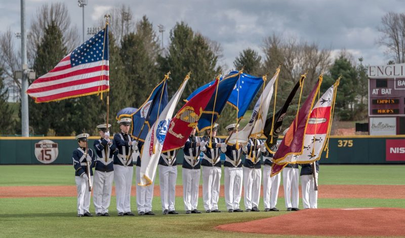 Color Guard The Corps of Cadets' Color Guard carry the flags on English Field before a baseball game.